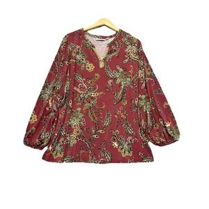 Susan Graver 2X Liquid Knit Embroidered Stretch Burgundy Paisley Tunic Top Flowy
